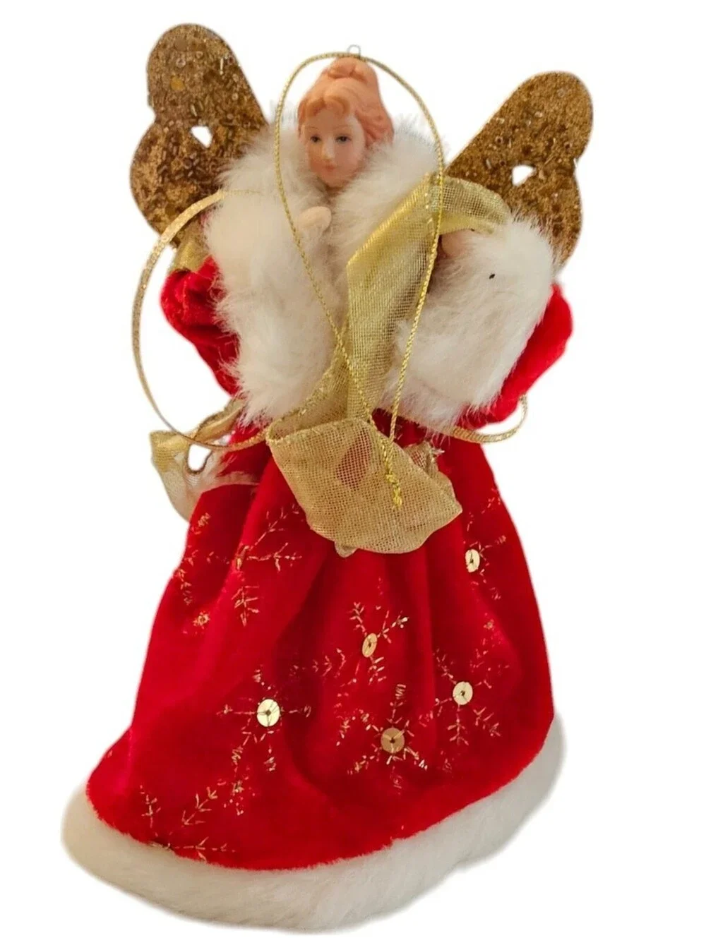 Vintage Christmas Tree Topper Angel Red White Porcelain Gold Wings